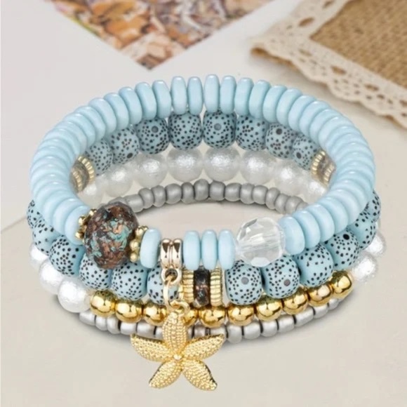 Boho Coastal Beaded Bracelet Set w/ Starfish Charm - Picture 3 of 5
